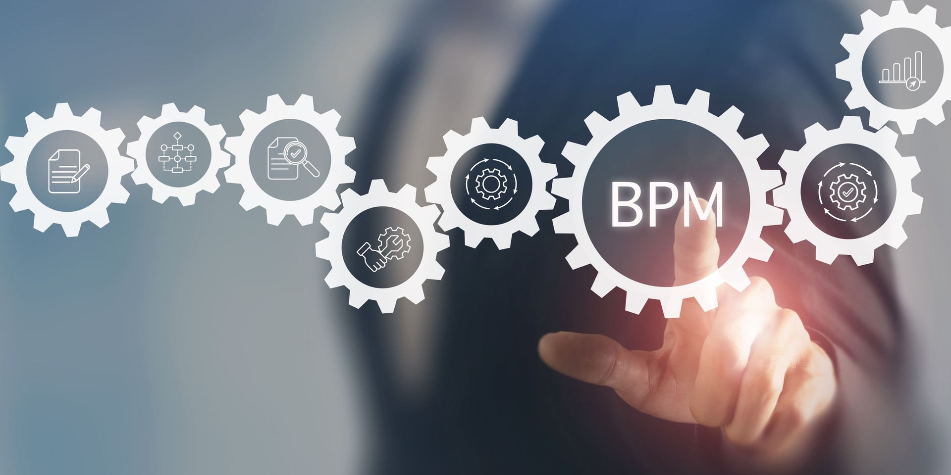 BPM Business Process Management concept. The tool for businesses to optimize operations, streamline processes, improve efficiency, and reduce costs. Businessman touching on screen with BPM text.