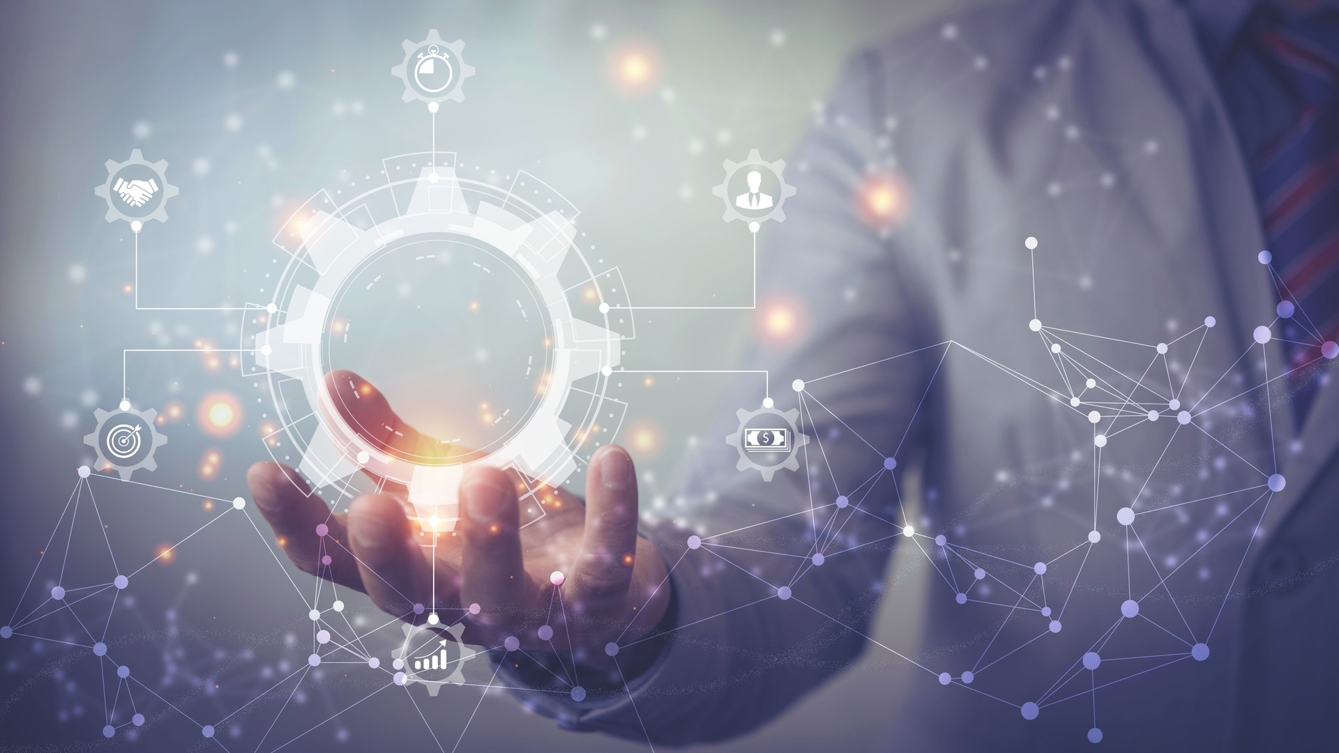 Business process management and workflow automation diagram with gears and icons with connection line network in background. Manager touching interface